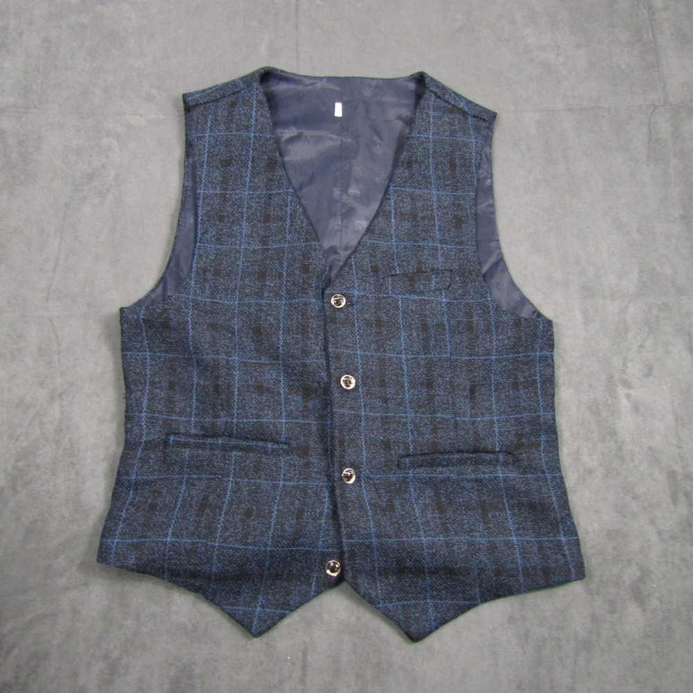 Plaid Suit Vest Men 2XL Blue Black Checkered Formal Waistcoat Slim Fit Wedding